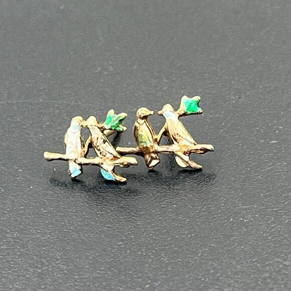 14k Yellow Gold Vintage Lovebirds on a Branch Small Stud Pierced Enamel Earrings - Picture 1 of 12